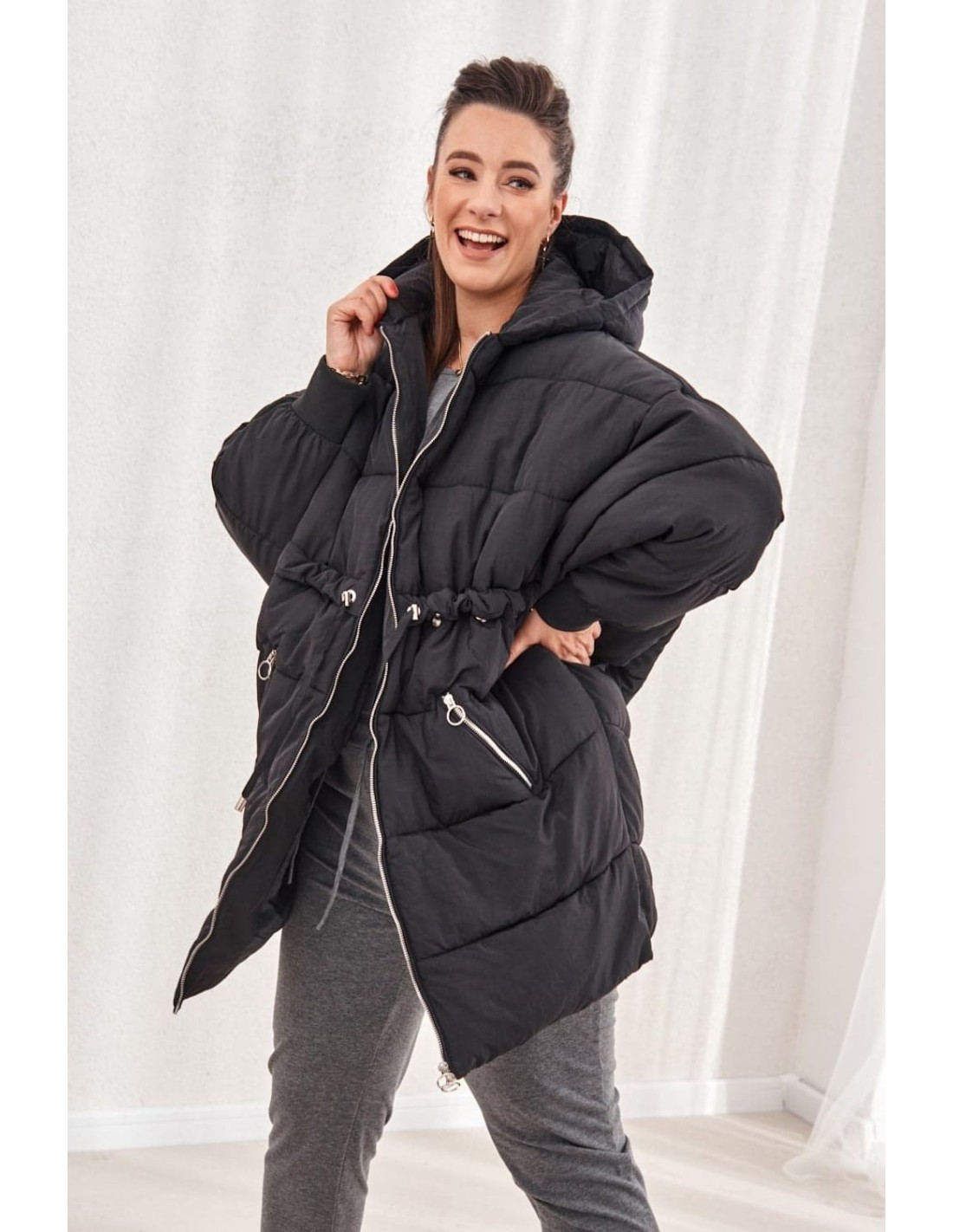 Warm oversize jacket with hood, black 1537 - Online store - Boutique